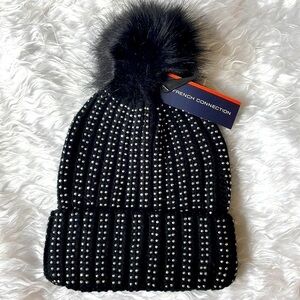 Brand New French Connection Black w/ Silver Tone Studs Pom Cable Knit Hat Beanie